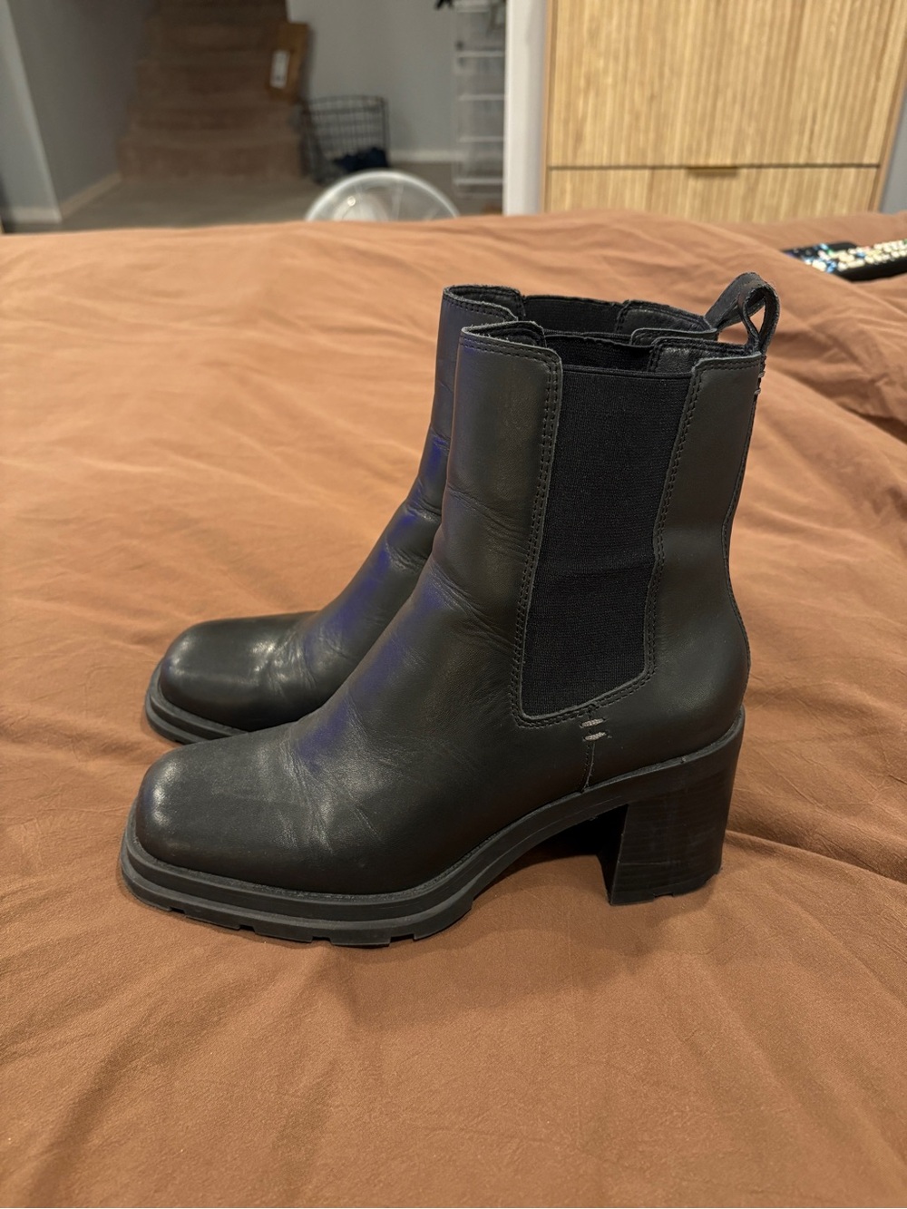 Crown Vintage Square Toe Black Leather Dilana Platform Chelsea Block Heel Boots